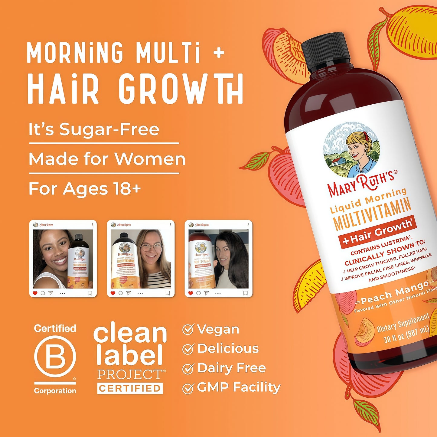 MaryRuth Organics Liquid Multivitamin+Hair Growth | Biotin 10000mcg | Lustriva Hair Growth Supplement | Clinically Tested in Women for Thicker Hair&Facial Wrinkle | Skin Care | Ages 18+
